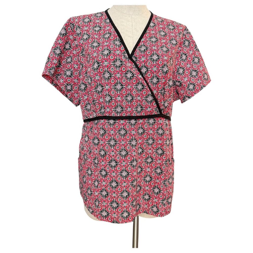Sb Scrubs Wrap Top Size XL Geometric Pattern Black Red White Pull Over Tie Back - Picture 2 of 7